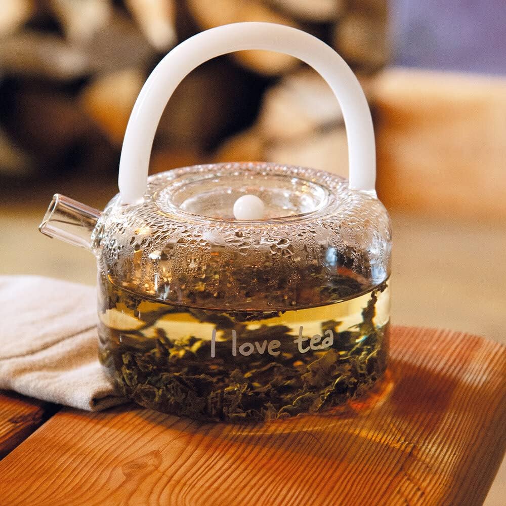 Easy Life I Love Tea 900ml Glass Teapot - White Handle