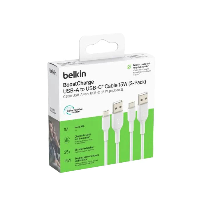 BELKIN BOOSTCHARGE USB-C TO USB-A 1M, 2PACK - White BELKIN BOOSTCHARGE USB-C TO USB-A 1M, 2PACK - White