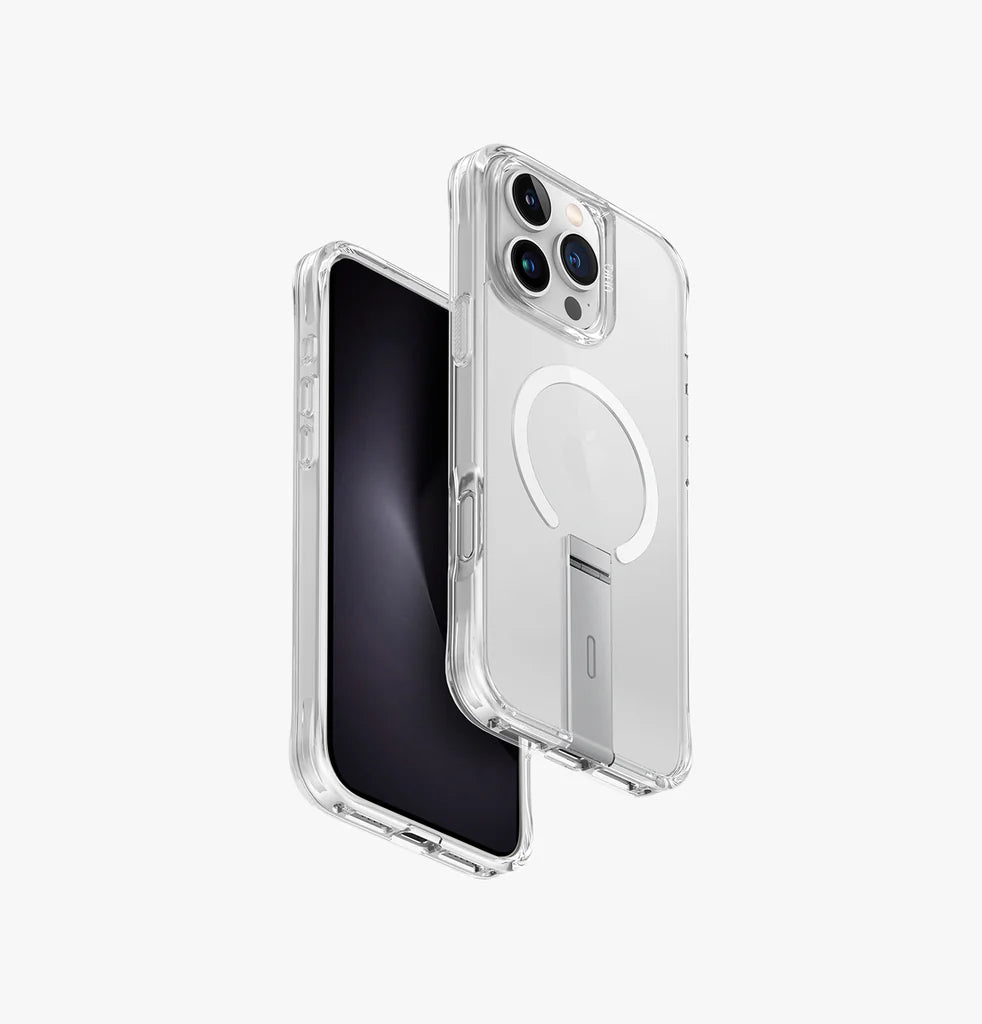 UNIQ Eleva Case with Built-in Aluminum Kickstand for 16 Pro Max - Clear