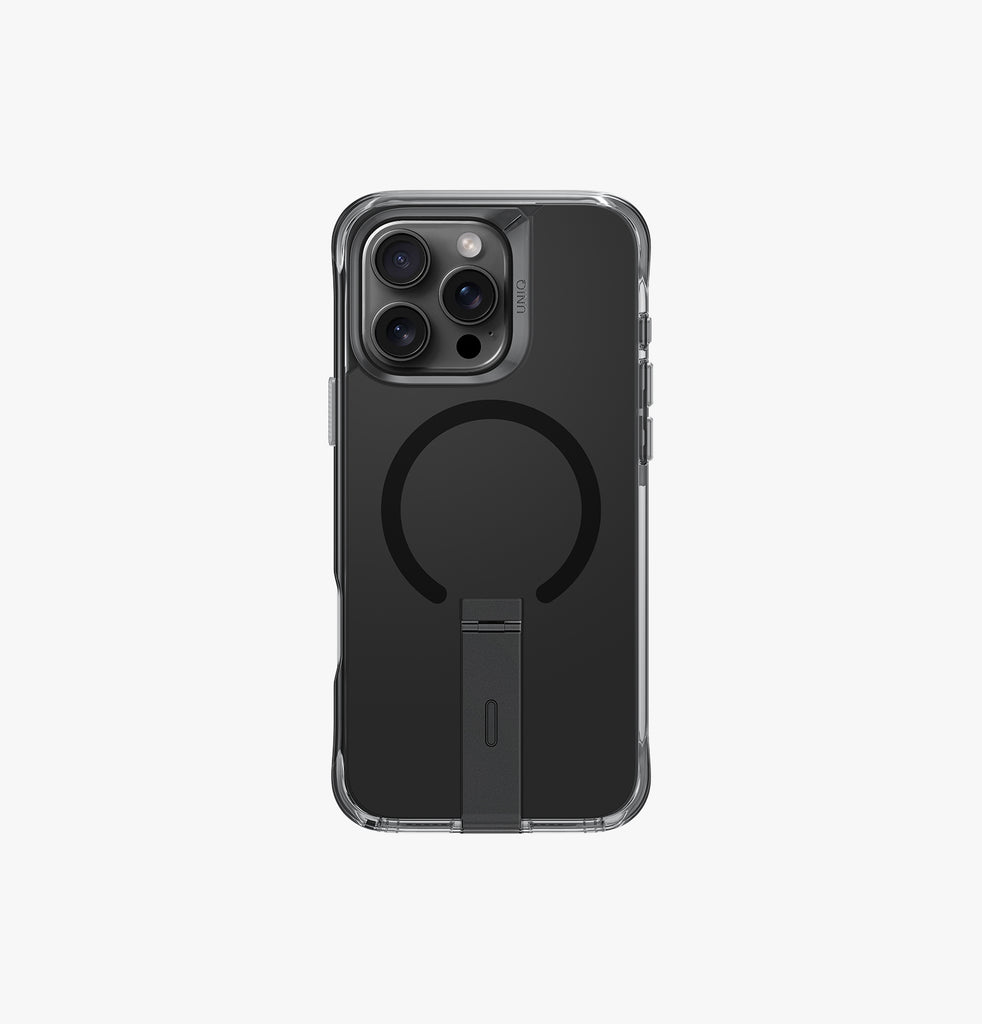 UNIQ Eleva MagClick iPhone 16 Pro Case with Stand – Black