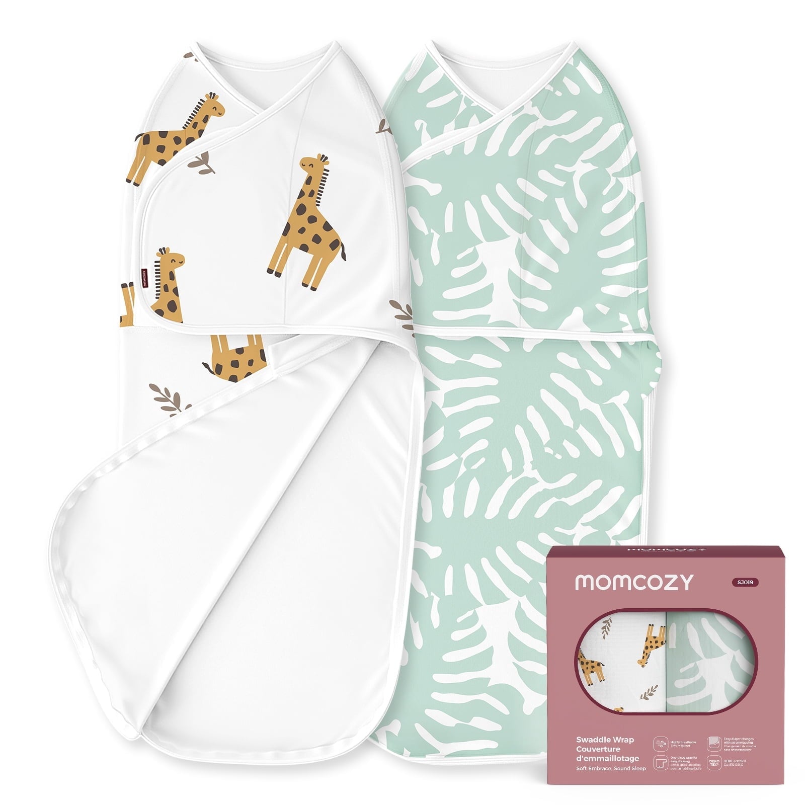 Momcozy Easy Swaddle Wrap 0-3M, 2-Pack - Giraffe & Leaf (Bravery)