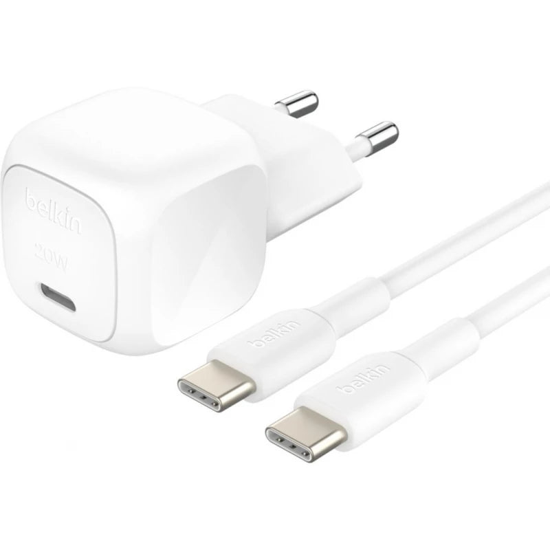 BELKIN BOOSTCHARGE 20W USB-C CUBE WALL CHARGER, 1M C-C CBL, White
