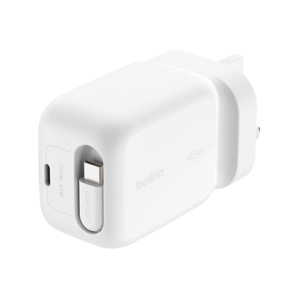 Belkin 45W GaN Wall Charger with Retractable USB-C Cable - White