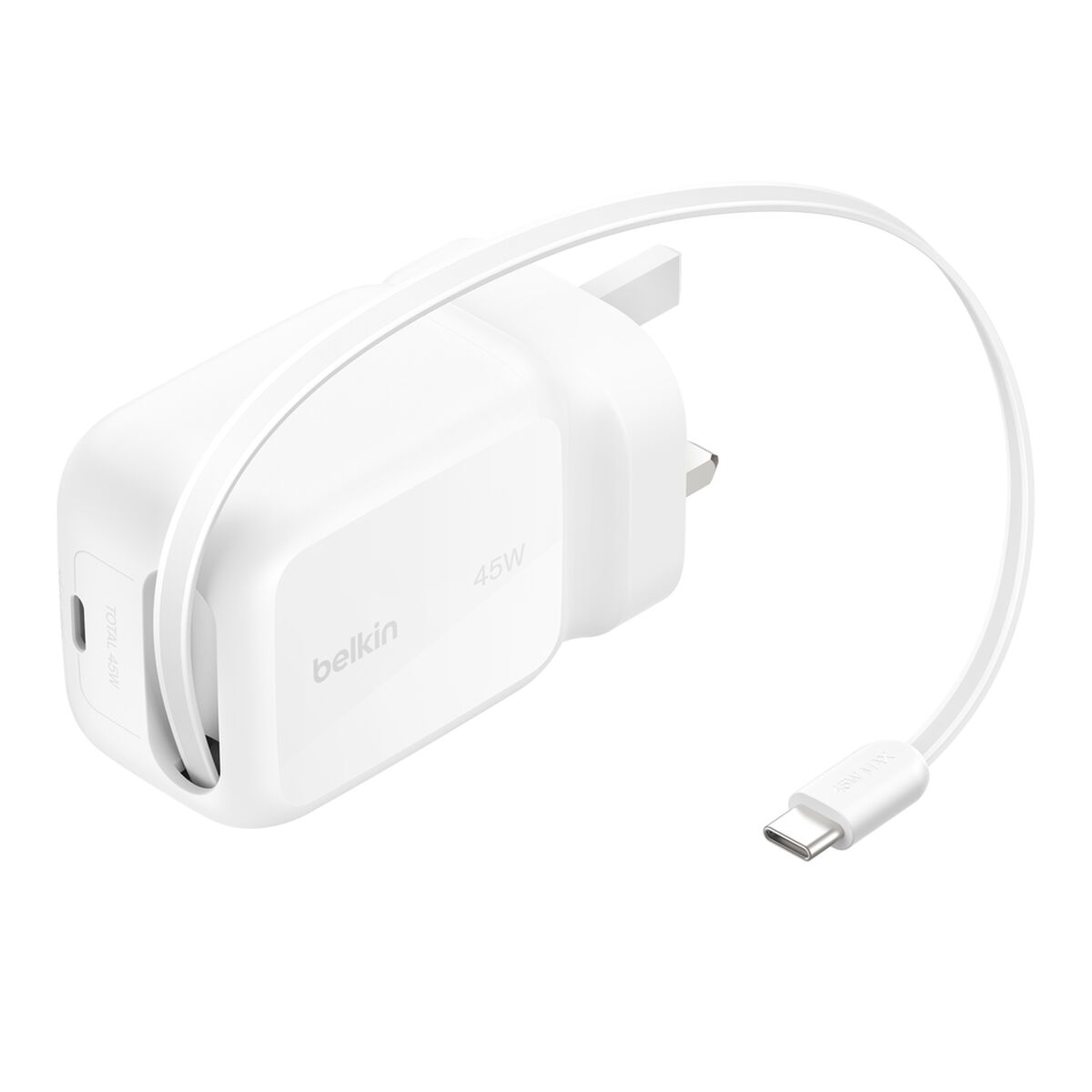 Belkin 45W GaN Wall Charger with Retractable USB-C Cable - White