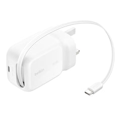 Belkin 45W GaN Wall Charger with Retractable USB-C Cable - White