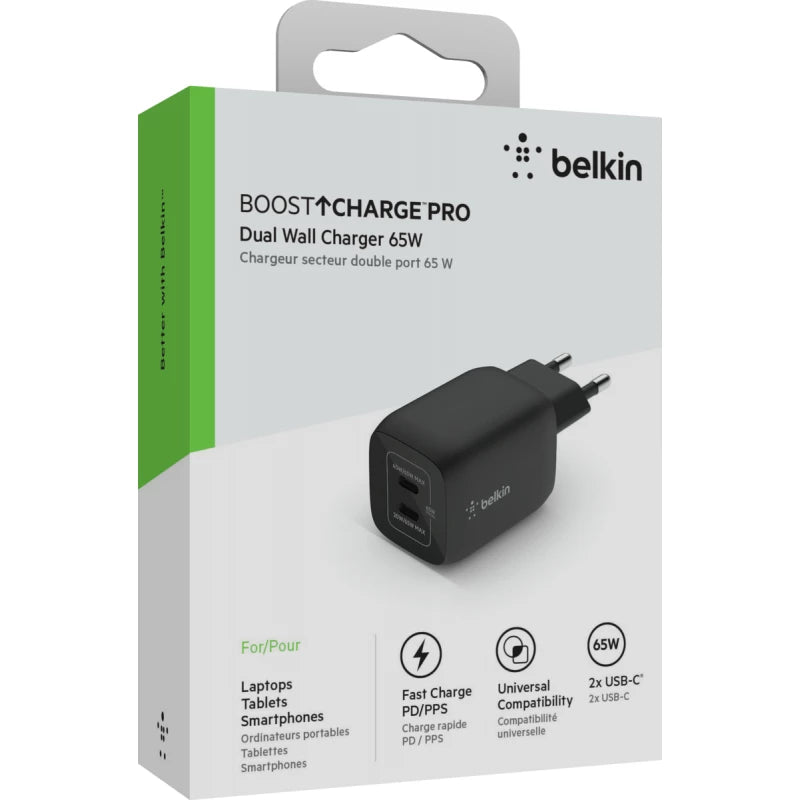 BELKIN BOOSTCHARGE PRO DUAL 65W USB-C PD - Black BELKIN BOOSTCHARGE PRO DUAL 65W USB-C PD - Black