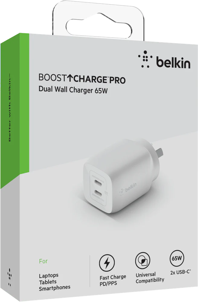 BELKIN BOOSTCHARGE PRO DUAL 65W USB-C PD - White BELKIN BOOSTCHARGE PRO DUAL 65W USB-C PD - White