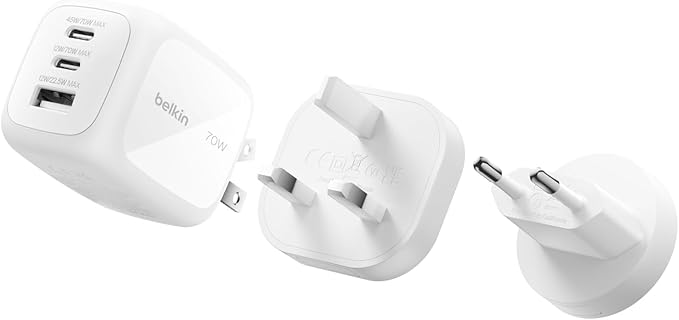 BELKIN 70W 3PORT GAN WALL CHARGER WITH INTERCHANGEABLE PLUG TIPS (US PLUG + UK&EU PLUG) - WHITE