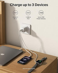 BELKIN 70W 3PORT GAN WALL CHARGER WITH INTERCHANGEABLE PLUG TIPS (US PLUG + UK&EU PLUG) - WHITE