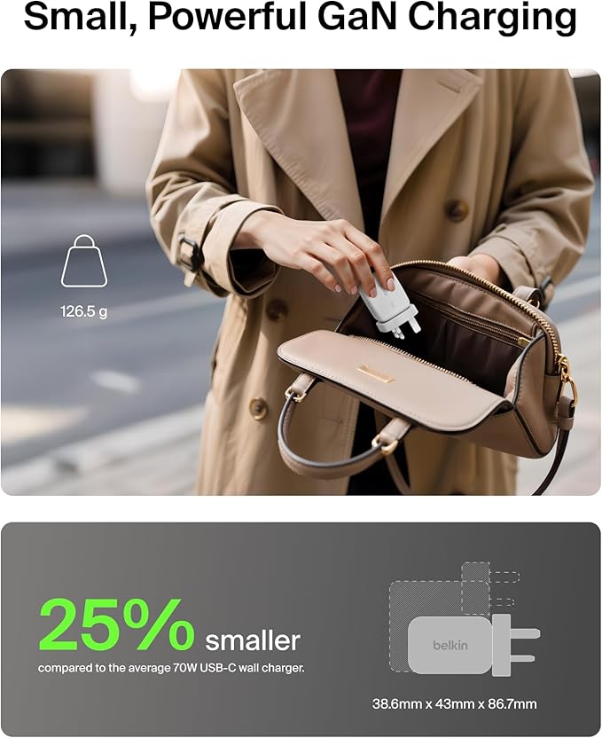 BELKIN 70W 3PORT GAN WALL CHARGER WITH INTERCHANGEABLE PLUG TIPS (US PLUG + UK&EU PLUG) - WHITE