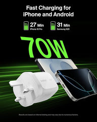 BELKIN 70W 3PORT GAN WALL CHARGER WITH INTERCHANGEABLE PLUG TIPS (US PLUG + UK&EU PLUG) - WHITE