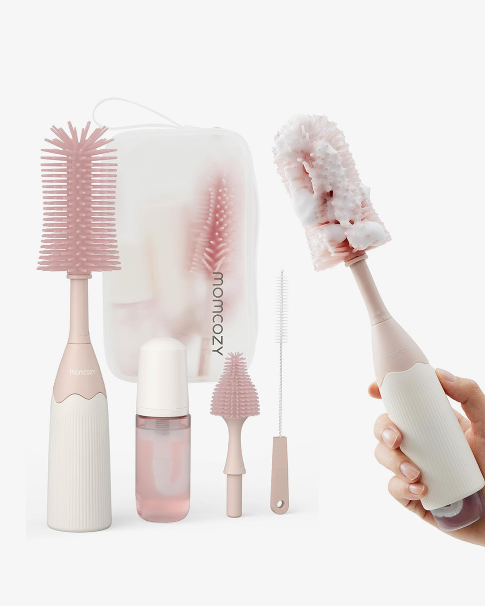 Momcozy Bottle Brush Kit, Innovative Push-Press Design for Better Cleaning, Pink