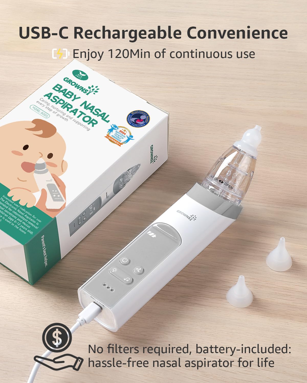 GROWNSY Electric Nasal Aspirator with 3 Silicone Tips - Grey