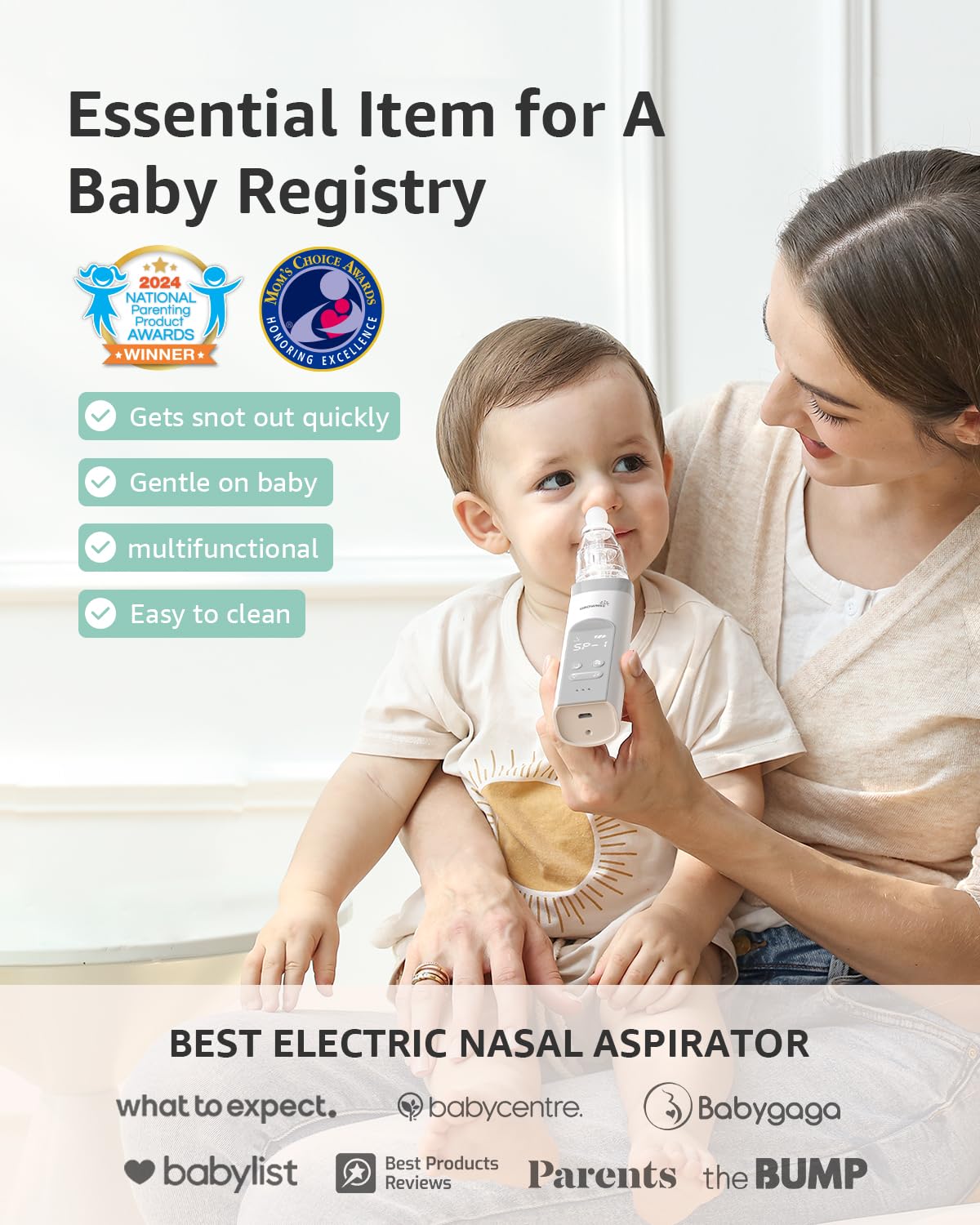 GROWNSY Electric Nasal Aspirator with 3 Silicone Tips - Grey