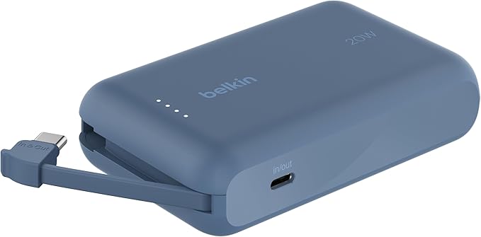 BELKIN BOOSTCHARGE POWER BANK 10K, PD 20W WITH USB-C INTEGRATED CABLE AND USB-C PORT- BLUE