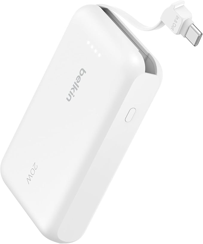 BELKIN BOOSTCHARGE POWER BANK 10K, PD 20W WITH USB-C INTEGRATED CABLE AND USB-C PORT- White