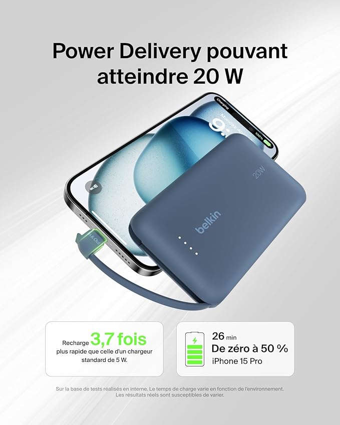 BELKIN BOOSTCHARGE POWER BANK 10K, PD 20W WITH USB-C INTEGRATED CABLE AND USB-C PORT- BLUE