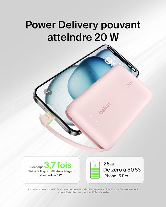 BELKIN BOOSTCHARGE POWER BANK 10K, PD 20W WITH USB-C INTEGRATED CABLE AND USB-C PORT- Pink