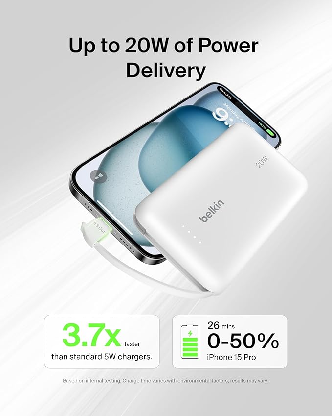 BELKIN BOOSTCHARGE POWER BANK 10K, PD 20W WITH USB-C INTEGRATED CABLE AND USB-C PORT- White