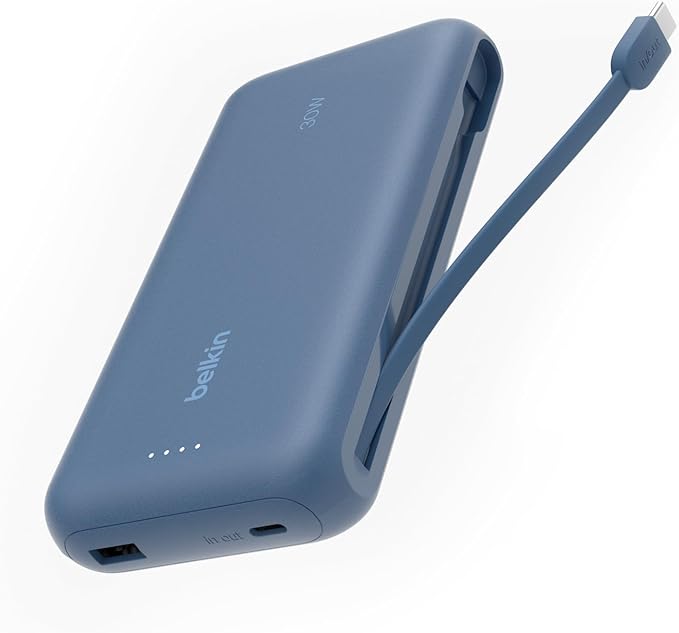 BELKIN BOOSTCHARGE POWER BANK 20K, PD 30W WITH USB-C INTEGRATED CABLE AND USB-C & USB-A PORTS - Blue