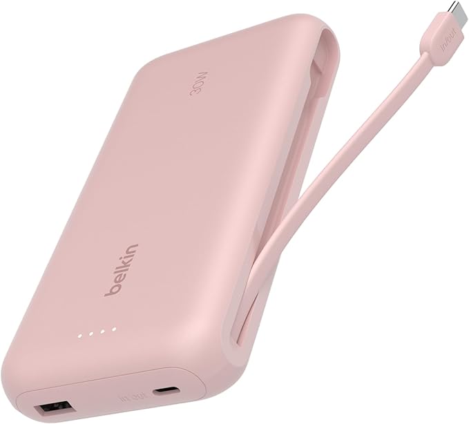 BELKIN BOOSTCHARGE POWER BANK 20K, PD 30W WITH USB-C INTEGRATED CABLE AND USB-C & USB-A PORTS - Pink