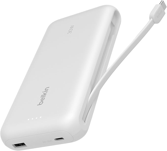 BELKIN BOOSTCHARGE POWER BANK 20K, PD 30W WITH USB-C INTEGRATED CABLE AND USB-C & USB-A PORTS - White