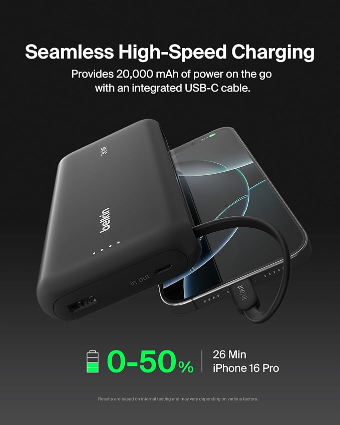 BELKIN BOOSTCHARGE POWER BANK 20K, PD 30W WITH USB-C INTEGRATED CABLE AND USB-C & USB-A PORTS - BLACK