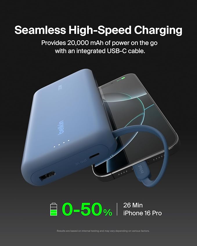 BELKIN BOOSTCHARGE POWER BANK 20K, PD 30W WITH USB-C INTEGRATED CABLE AND USB-C & USB-A PORTS - Blue