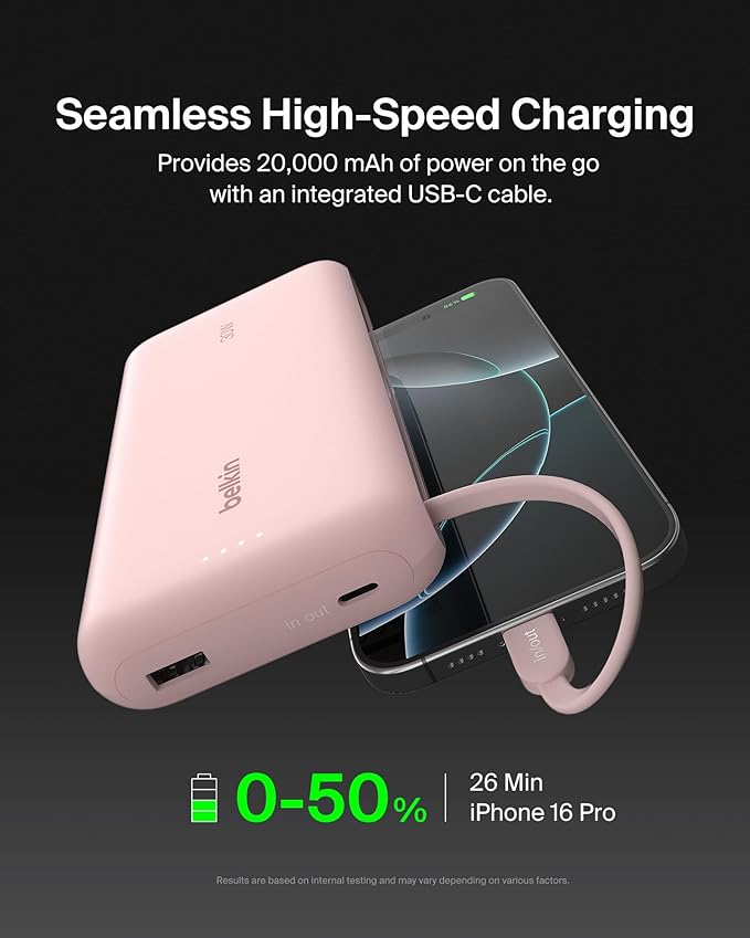BELKIN BOOSTCHARGE POWER BANK 20K, PD 30W WITH USB-C INTEGRATED CABLE AND USB-C & USB-A PORTS - Pink