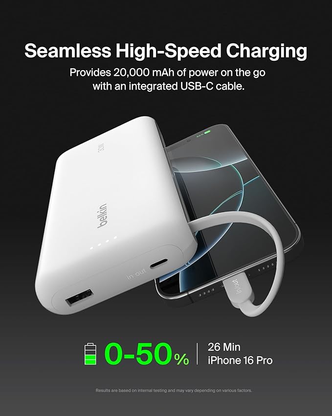 BELKIN BOOSTCHARGE POWER BANK 20K, PD 30W WITH USB-C INTEGRATED CABLE AND USB-C & USB-A PORTS - White