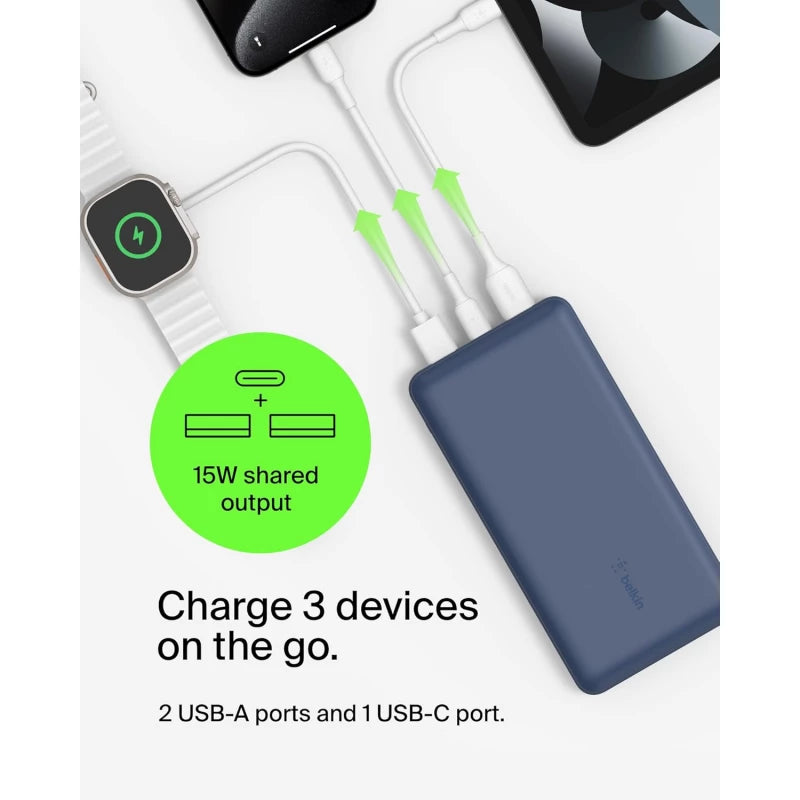 BELKIN BOOSTCHARGE 3-PORT 20K POWER BANK WITH USB-C 15W, DUAL USB-A, 15CM USB-A TO USB-C CABLE - Blue