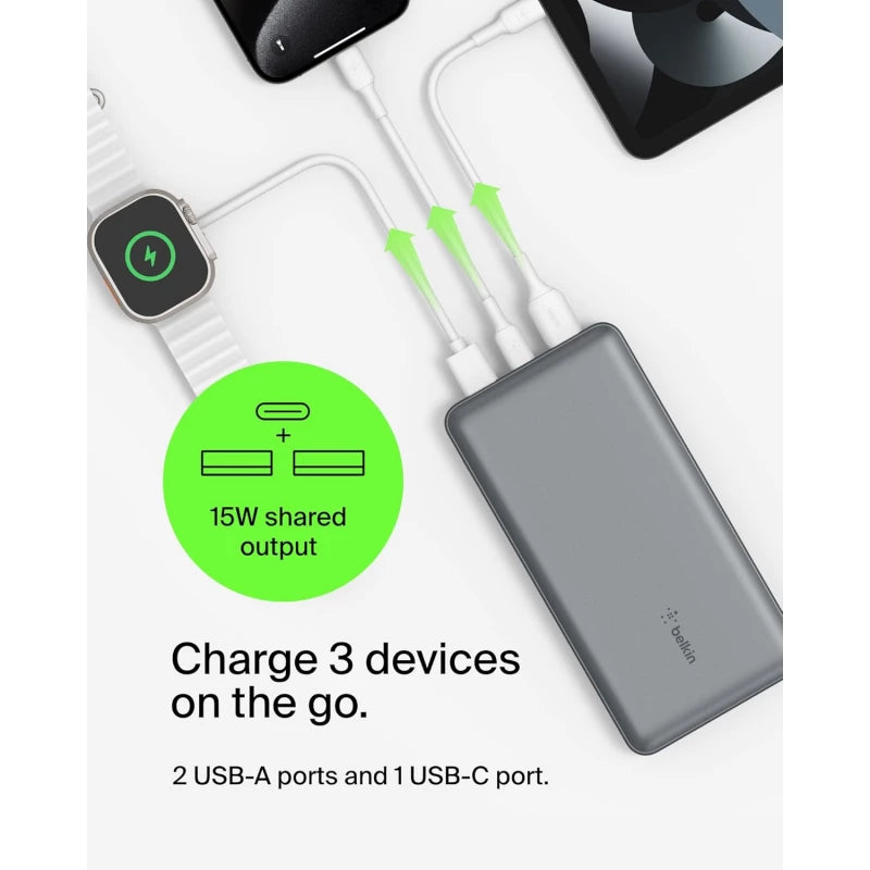 BELKIN BOOSTCHARGE 3-PORT 20K POWER BANK WITH USB-C 15W, DUAL USB-A, 15CM USB-A TO USB-C CABLE - Gray