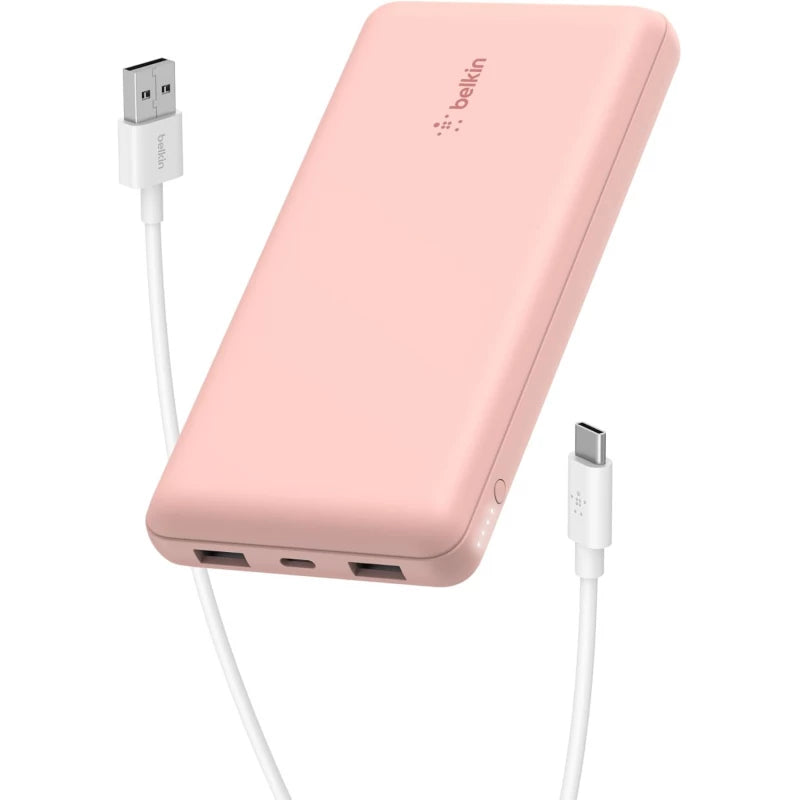 BELKIN BOOSTCHARGE 3-PORT 20K POWER BANK WITH USB-C 15W, DUAL USB-A, 15CM USB-A TO USB-C CABLE - Pink