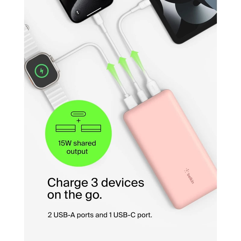 BELKIN BOOSTCHARGE 3-PORT 20K POWER BANK WITH USB-C 15W, DUAL USB-A, 15CM USB-A TO USB-C CABLE - Pink