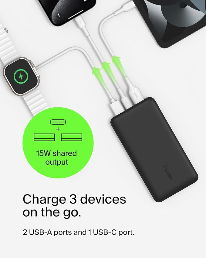 BELKIN BOOSTCHARGE 3-PORT 10K POWER BANK WITH USB-C 15W, DUAL USB-A, 15CM USB-A TO USB-C CABLE - Black