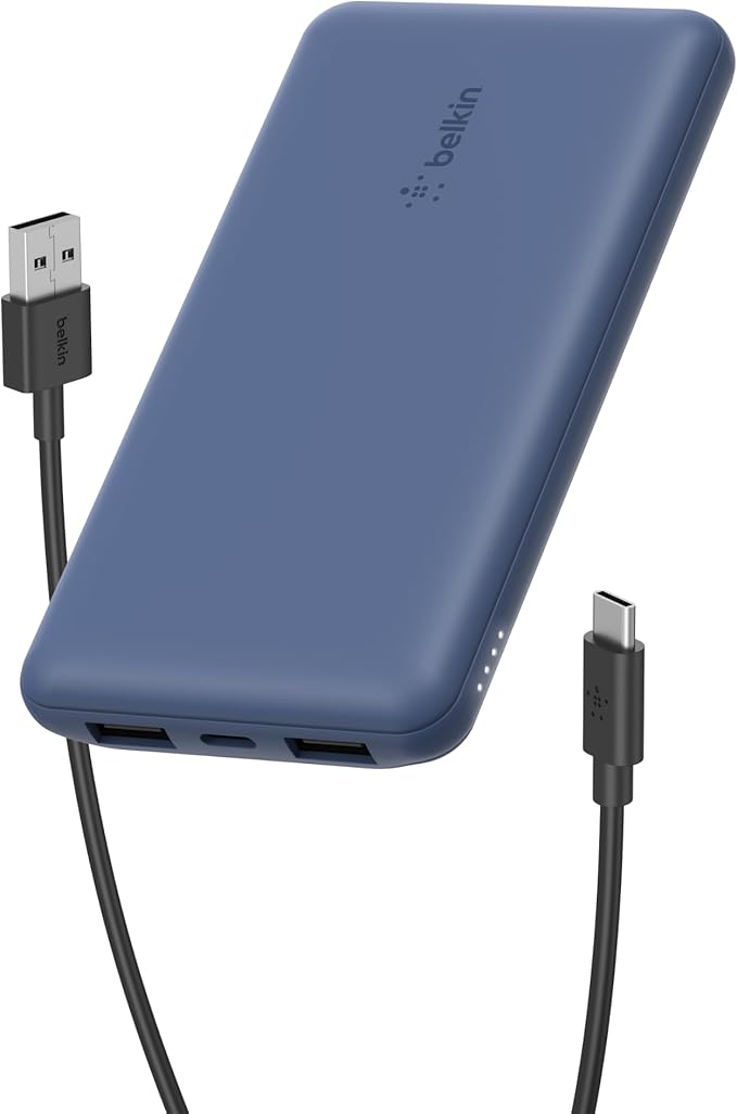 BELKIN BOOSTCHARGE 3-PORT 10K POWER BANK WITH USB-C 15W, DUAL USB-A, 15CM USB-A TO USB-C CABLE - Blue