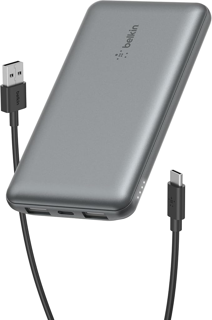 BELKIN BOOSTCHARGE 3-PORT 10K POWER BANK WITH USB-C 15W, DUAL USB-A, 15CM USB-A TO USB-C CABLE - Gray