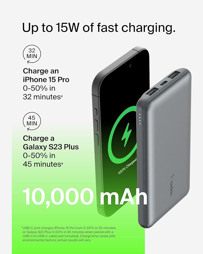 BELKIN BOOSTCHARGE 3-PORT 10K POWER BANK WITH USB-C 15W, DUAL USB-A, 15CM USB-A TO USB-C CABLE - Gray